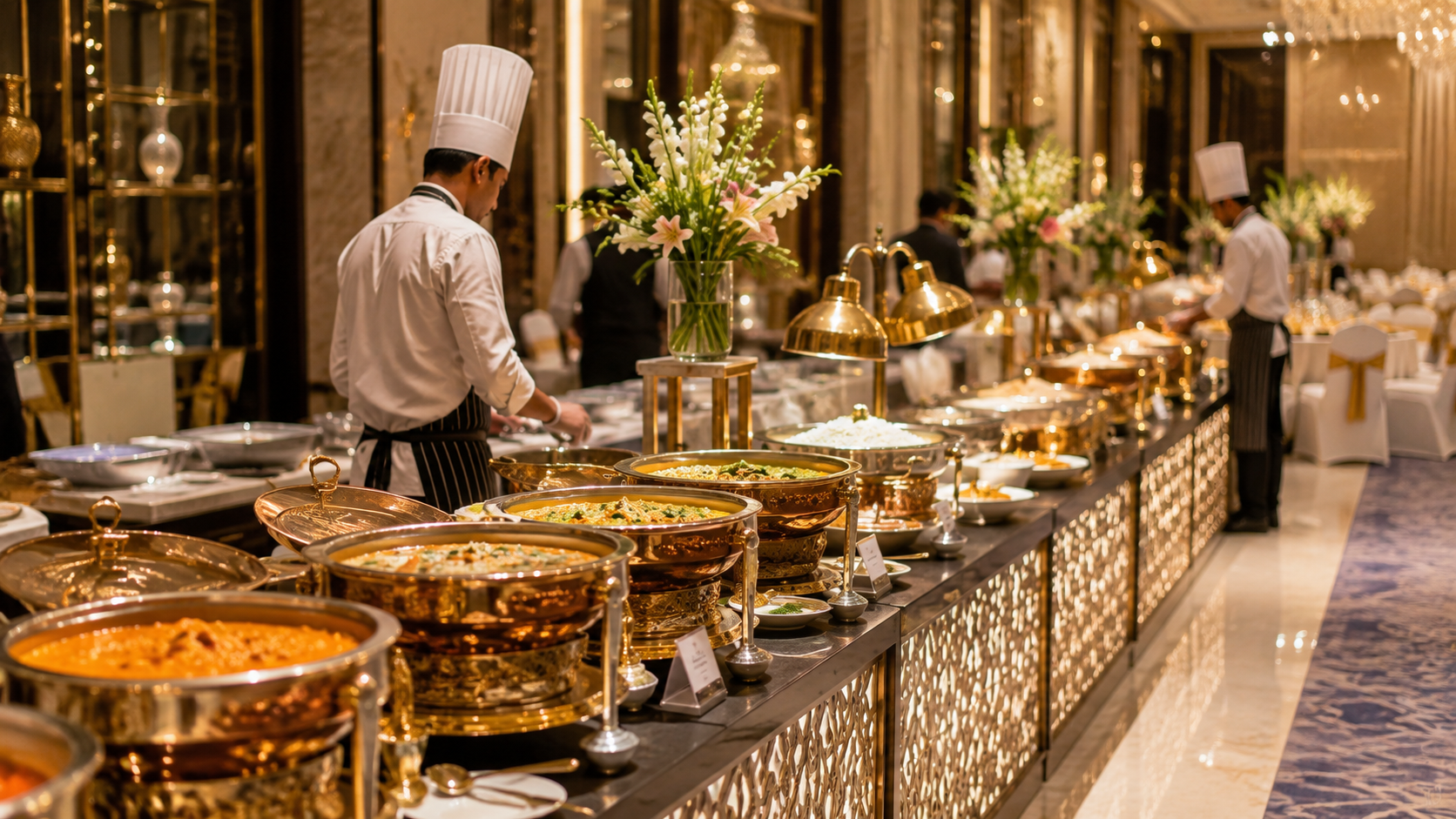 Indoor catering setup prepared for an event